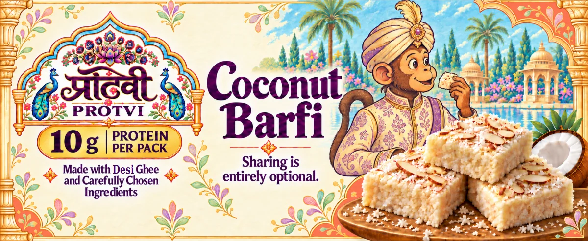 Coral Coconut Barfi packaging with the monkey character, 10 g protein per 51 g pack and made with desi ghee
